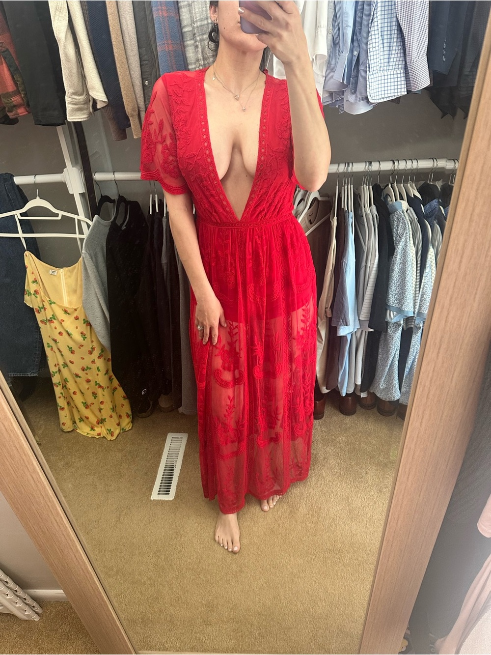 AKIRA Red Sheer Lace Deep V Maxi Dress